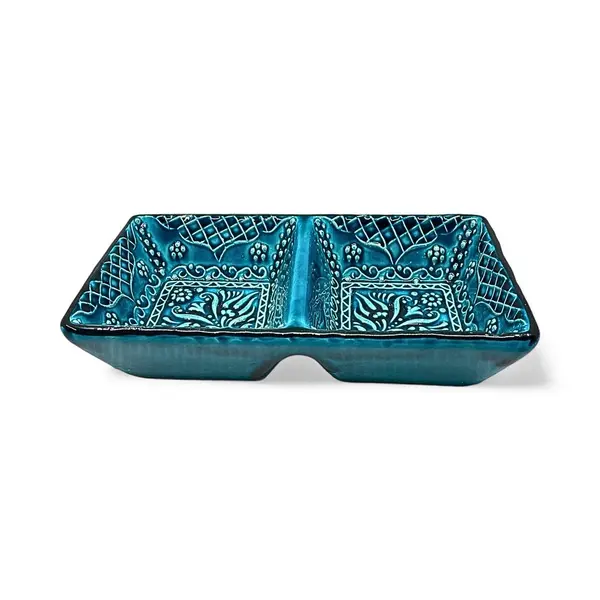 2-in-1 Green Square Snack and Dip Bowl for Divided Servings Ceramic Tableware 1