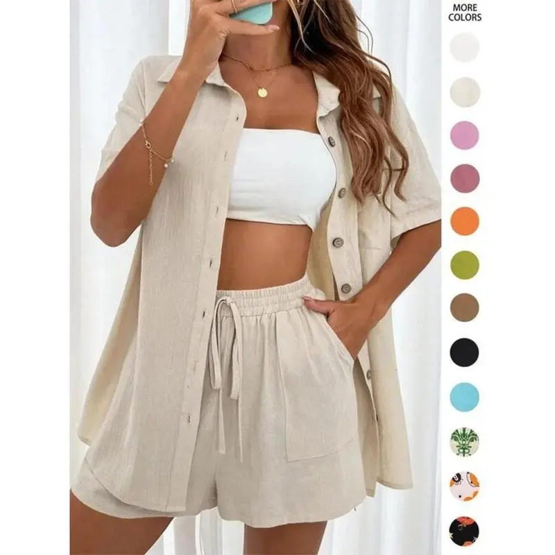 [2025]Solid Co-ords for Women, Casual Short Sleeve Button Front Shirt & Tie Front Pocket Shorts Summer Two Piece Set, Boomtown Outfits, Holiday Outfits, Co-ord Set Outfits, Women's Clothing Co Ord Sets, Summer Outfits 2024, Tall Clothing Women