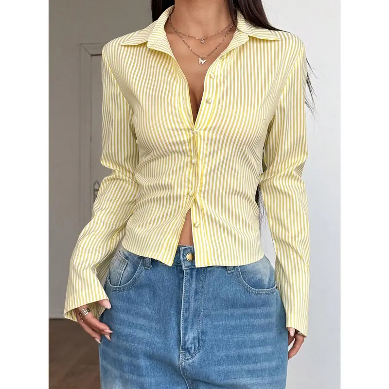 Pariaura French Style Slim Fit Long Sleeve Blue & White Striped Elegant Commuter Woman Shirt 2