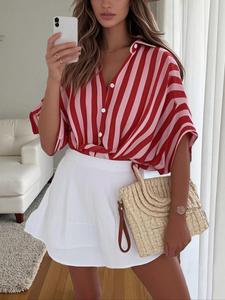 Girls' Boho Oversized Cardigan Top - Spring Summer Holiday Top in Pink Stripes, Elegant Lapel Design Short Sleeve Button Shirt, Romantic & Fashionable Loose Tunic