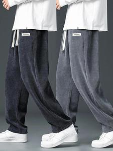 Men's Letter Patched Drawstring Waist Corduroy Pants, Casual Comfy Straight Leg Trousers for Fall & Winter, Men's Bottoms for Daily Wear