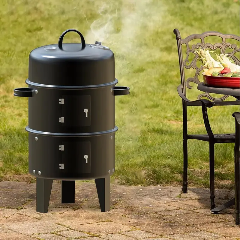 Warmiehomy Round Smoker BBQ Charcoal Barbecues with Temperature Gauge BBQ Charcoal Grill 2 Tier Outdoor for Party Camping, Black Black-1 8