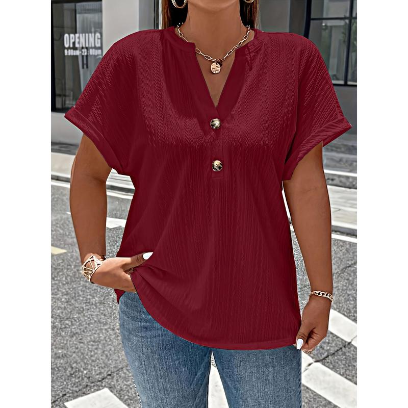 Plus Size Solid Textured T-Shirt, Casual V Neck Short Sleeve T-Shirt, Women's Plus Size Clothing 5