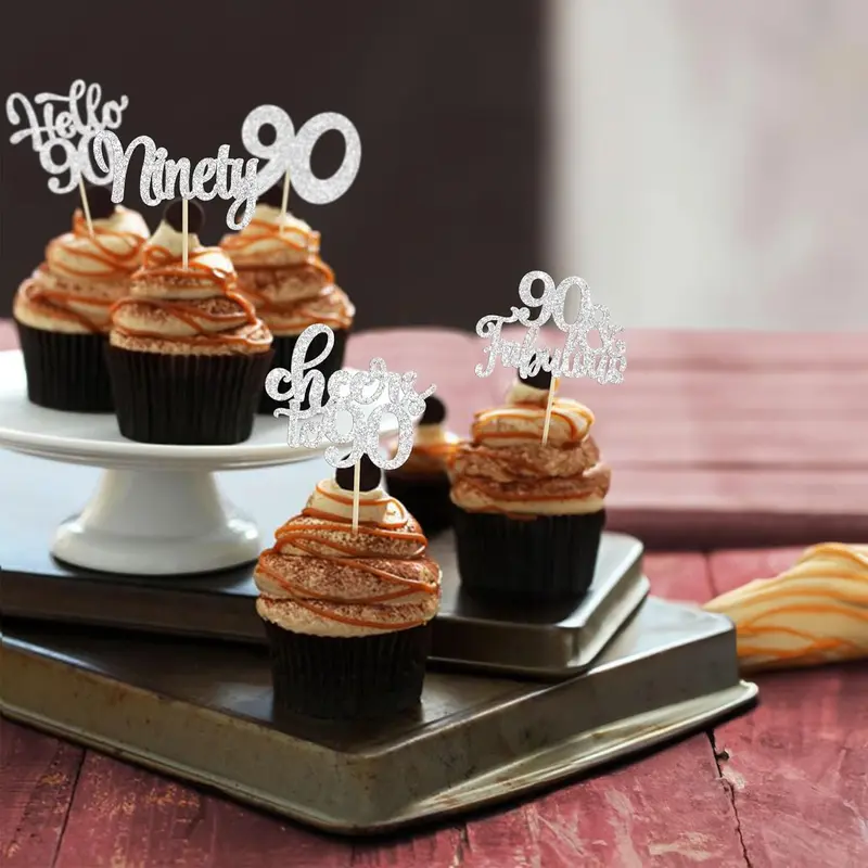 30Pcs Happy 90th Birthday Cupcake Toppers Silver Glitter Ninety Cheers to 90 Years Old Birthday Cupcake Picks for Happy 90th Birthday Anniversary Party Cake Decorations 4