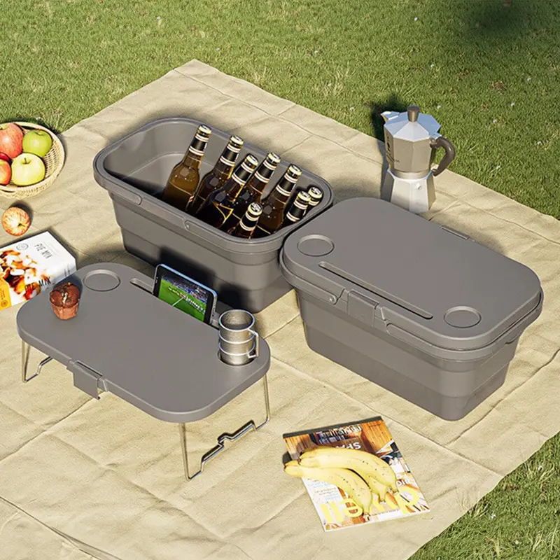 Collapsible Folding Picnic Basket W/Table Lid Caravan Camping Travel Storage Box  UK 0
