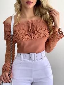 Women's Off The Shoulder Contrast Lace Frill Trim Blouse, Retro Flounce Sleeve Tie Front Top for Spring & Fall, Women's Clothing for Daily Wear