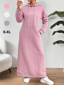 Women's Plain Textured Drawstring Pocket Hooded Dress, Casual Cozy Modest Fashion, Long Sleeve Drop Shoulder Long Dress for Fall & Winter, Lady Clothing for Daily Valentine's Day Wear, Comfort Prayer Womenswear Gift