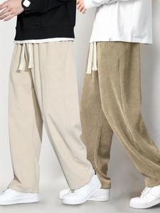 Men's Solid Drawstring Waist Corduroy Pants, Casual Comfy Pocket Straight Leg Trousers for Fall & Winter, Men's Bottoms for Daily Wear