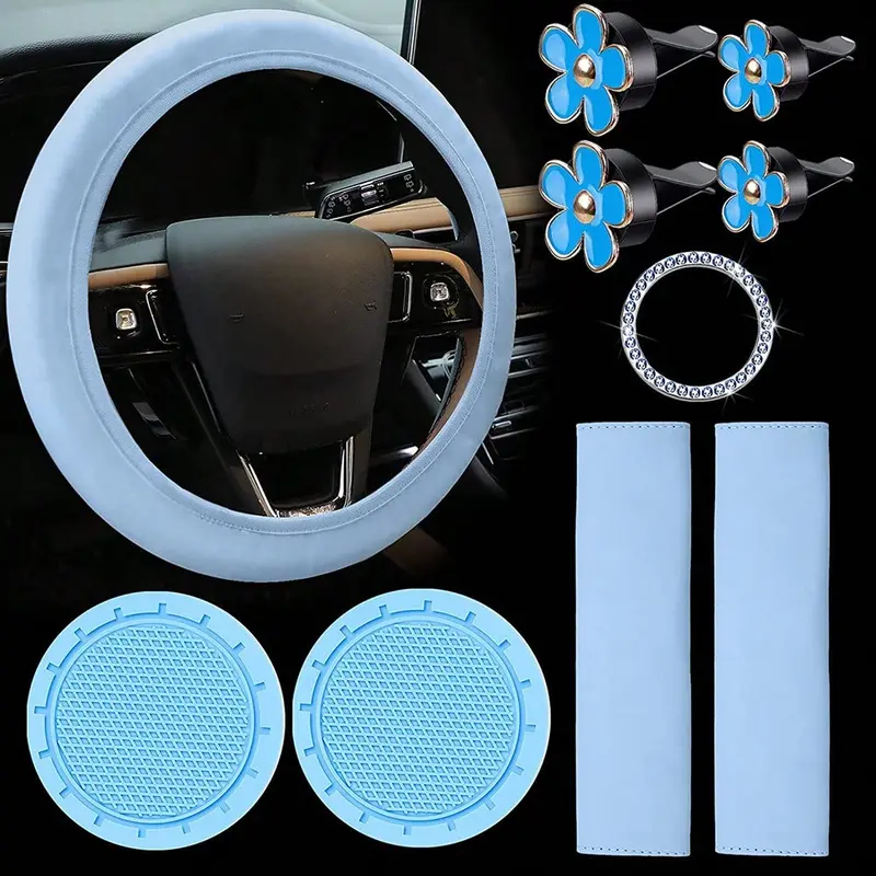 Leather Steering Wheel Cover Set, 10 Pcs Universal Leather Steering Wheel Wrap Cute WomenCar Accessories Set With Seat Belt Shoulder Pads Cup Holders Fit For Most Cars 0