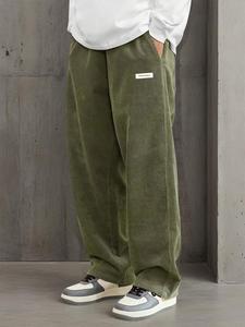 Men's Letter Patched Pocket Corduroy Pants, Loose Casual Comfy Straight Leg Trousers for Fall & Winter, Men's Bottoms for Daily Wear