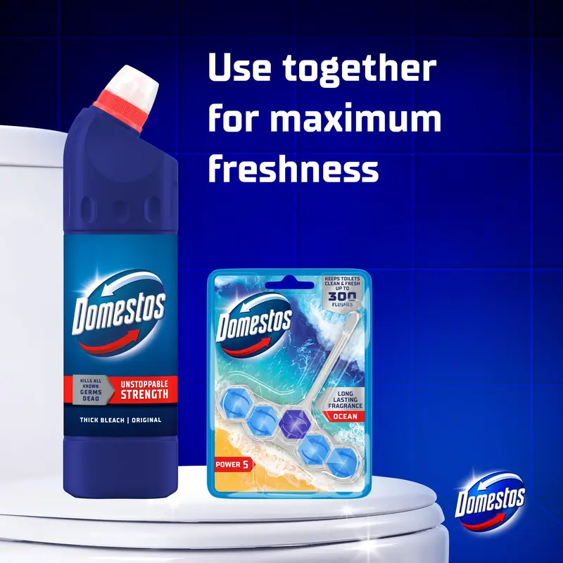 Domestos Original Thick Bleach disinfectant that eliminates 99.99% of bacteria and viruses* unstoppable strength 9x 750 ml 3