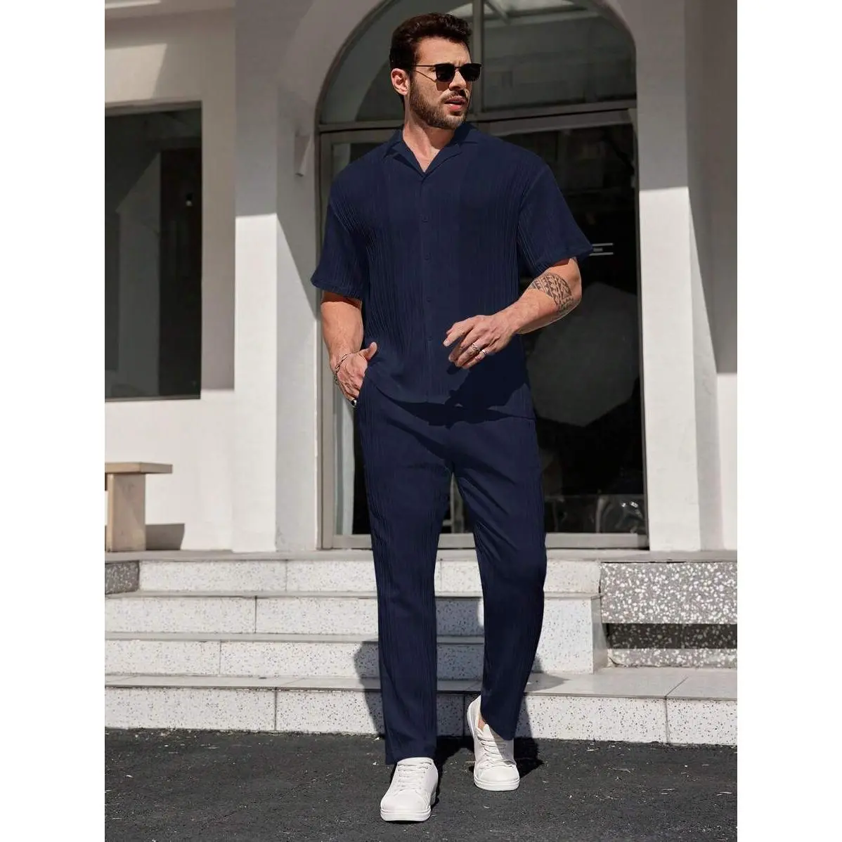 Manfinity RelaxMax Men's Simple Solid Color Short Sleeve And Long Pants 2pcs Daily Outfit Clothes Menswear