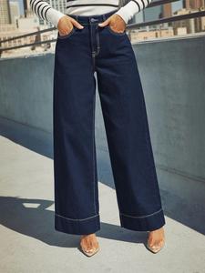Women's Plain High Waist Wide Leg Jeans, Casual Button Fly Pocket Trousers for Daily Wear, Ladies Bottoms for All Seasons