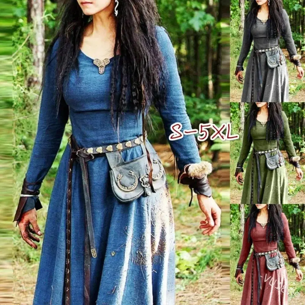 Women's Medieval Victorian Retro Dress – Solid Color High-Waisted Long-Sleeve O-Neck Masquerade Carnival Party Costume