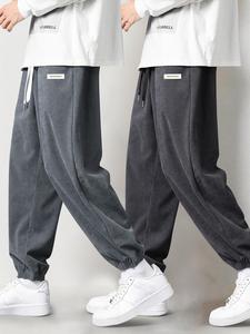 Men's Letter Patched Drawstring Waist Corduroy Pants, Casual Comfy Pocket Trousers for Fall & Winter, Men's Bottoms for Daily Wear