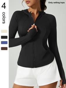 Women's Solid Thumb Hole Design Hooded Sports Jacket, Casual Long Sleeve Zip Up Outerwear for Gym Workout, Ladies Sportswear for All Seasons, Modern and Comfortable