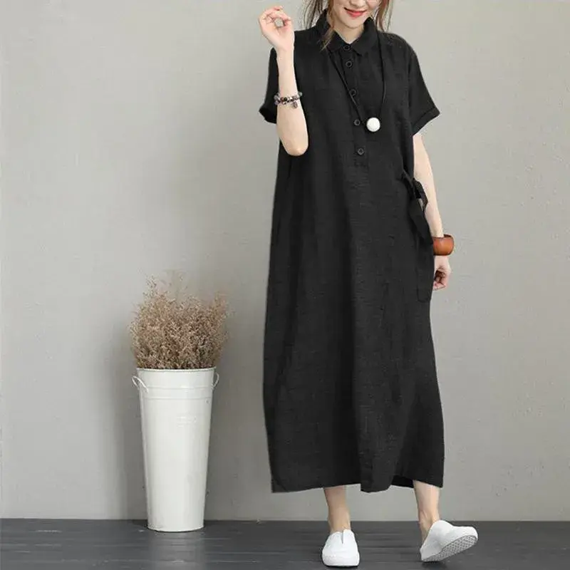 Cross-Border Joy Women's Summer New Short Sleeve Loose-Fit Pocket Solid Color Cotton Linen Lapel Casual Dress 3