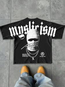 Men's Mask Print Short Sleeve T-shirt, Loose Casual Retro Streetwear Tee for Summer, Men's Top for Daily Wear, Crewneck