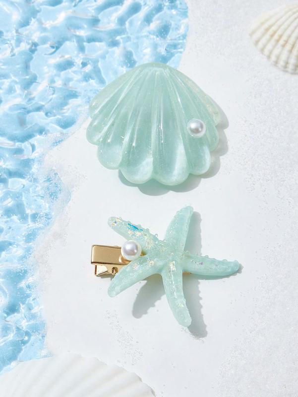 ROMWE Fairycore 2pcs Women Cute Mermaid Starfish & Shell Design Hair Clip Boho 1