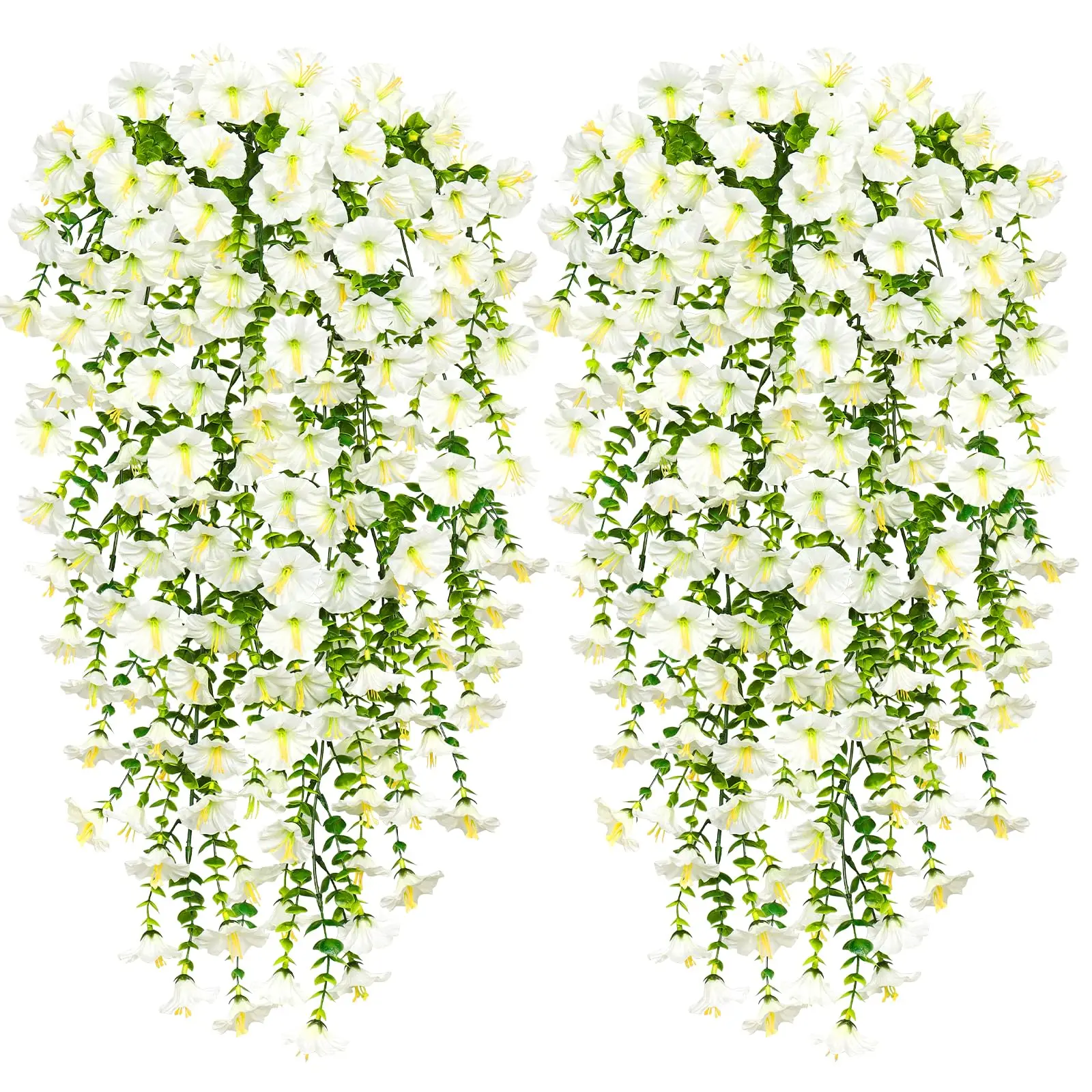2Pcs Artificial Hanging Flowers Long Artificial Morning Glory Flowers White UV-Resistant Fake Hanging Plants Artificial Wisteria Basket Vine for Wedding Home Garden Yard Decor