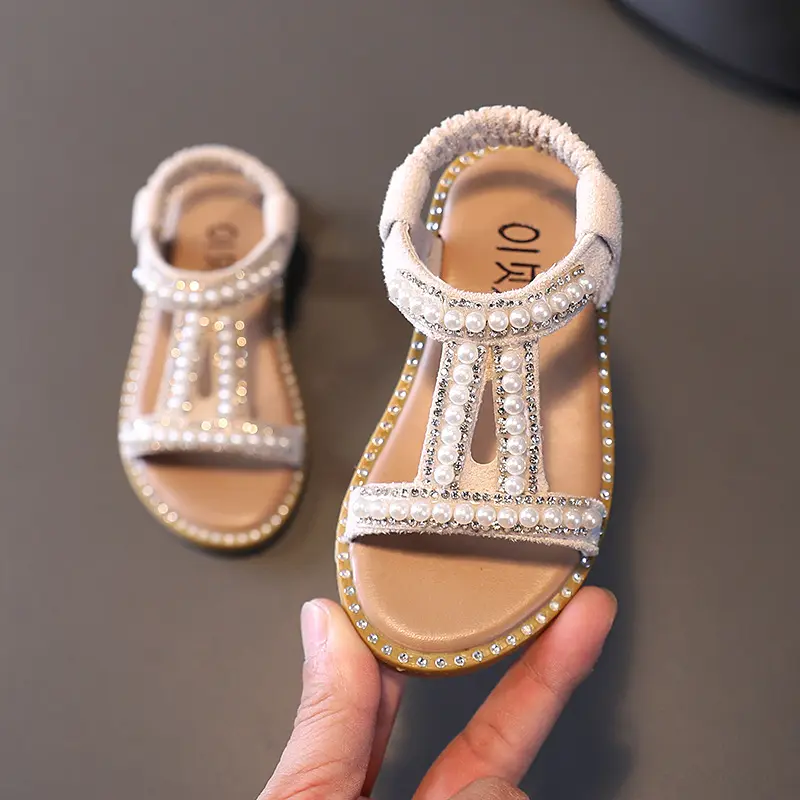Girls Sandals Kids Summer Roman Shoes 2025 Elegant Pearl Rhinestone Party Princess Shoe Flats Non-slip Casual Girl Beach Sandal