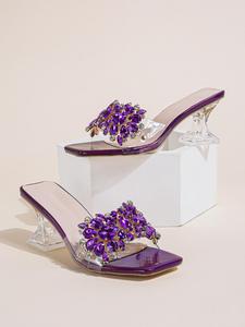 Women's Artificial Crystal Decorated Slip on High Heel Sandals, Classy Sandals, 2025 Back To School Slip on Sandals, Elegant Sparkly Party Shoes for Party, Daily for Women & Girls, Summer Walking Shoes, Purple Prom Shoes for Women, Boho Style Sandal