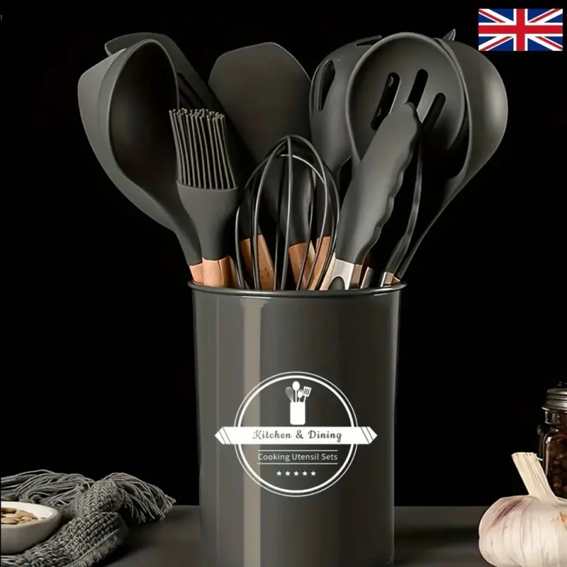 Kitchen Cooking Utensil Set, 12 Pcs Silicone Kitchen Cooking Utensil Set with Utensil Holder, Heat Resistant Non Stick Cooking Tool, Summer for Gift, Wooden, Handles 1