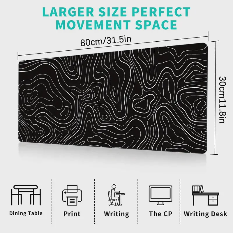 1Pcs Gaming Mouse Pad Large Keyboard Pad 31.5 x 11.8in Topographic Mouse Pad Black and White Mouse Pad for Keyboard with Anti-Sl 5