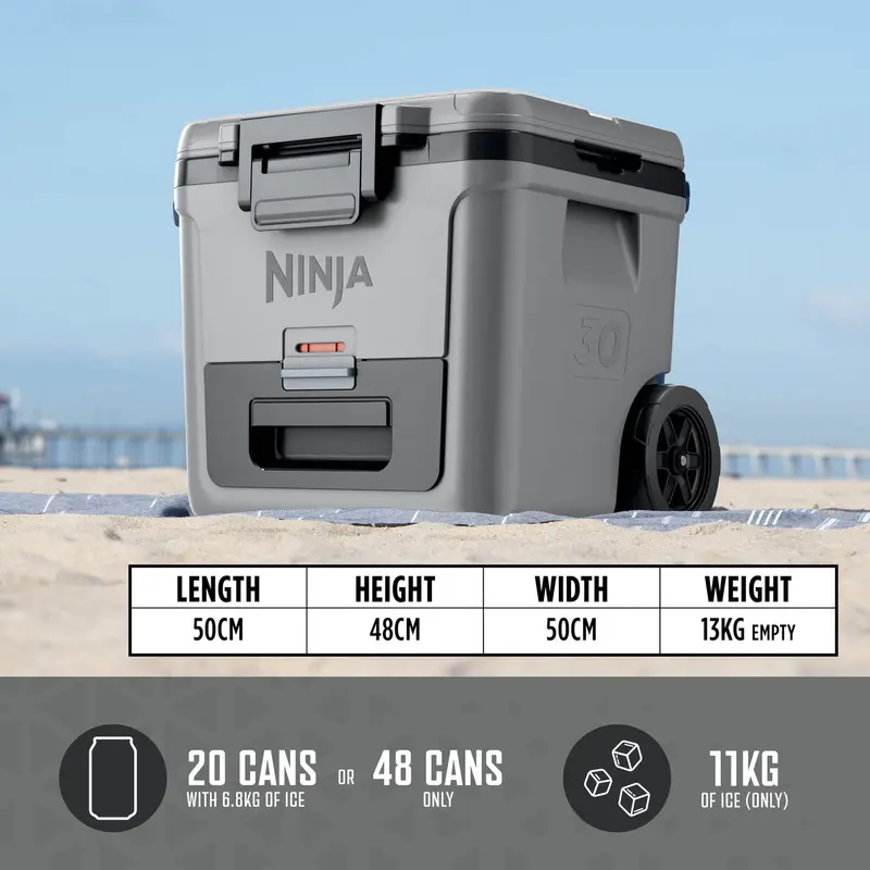 Ninja FrostVault 28L Wheeled Cooler with Dry Zone [FB230UK] Integrated Fridge-Temp Dry Storage Drawer, Premium Heavy-Duty Insulated Cooler, Keeps Ice for Days, Grey/White 7