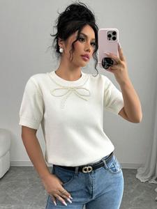 Women's Plain Beaded Decor Round Neck Sweater, Casual Chic Short Sleeve Crew Neck Jumper for Daily Wear, Ladies Knitwear for All Seasons, Going Out Tops, Womenswear, Knitting Top