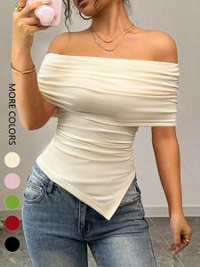Women's Solid Color Asymmetrical Hem Tee, Street Fashion Casual Off Shoulder Top for Daily Wear, Ladies Clothes for Summer, Womenswear