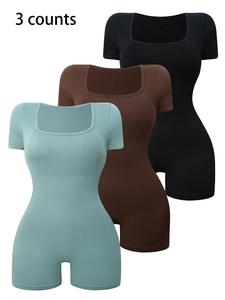 Women's Solid Square Neck Sports Romper, High Stretch Seamless Romper for Yoga Fitness Running, Ladies Sportswear for All Seasons