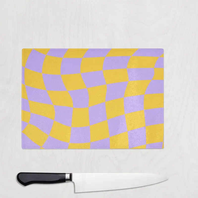 Lilac And Yellow Wavy Check Glass Chopping Board Kitchen Knives 1