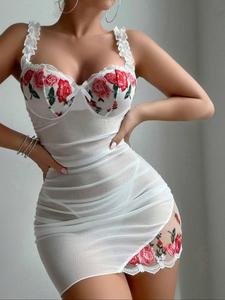 Women's Floral Embroidery V Neck Mesh Nightdress & Thong Sexy Sleepwear Set, Elegant Peplum Romantic Comfy Breathable Nightgown & Panty Set, Ladies Sleepwear for All Seasons