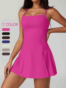 Women's Solid Color Sports Dress with Chest Pad, Breathable Comfortable Tennis Dress, Ladies Sportswear for Outdoor Tennis Golf, Activewear, Yoga Active Dress, Exercise Clothing, Tennis Athletic Dress, Tennis Dress Sleeveless, Golf Apparel