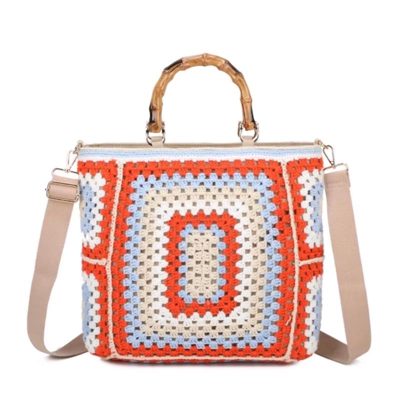 Large Crochet & Bamboo Handbag 5
