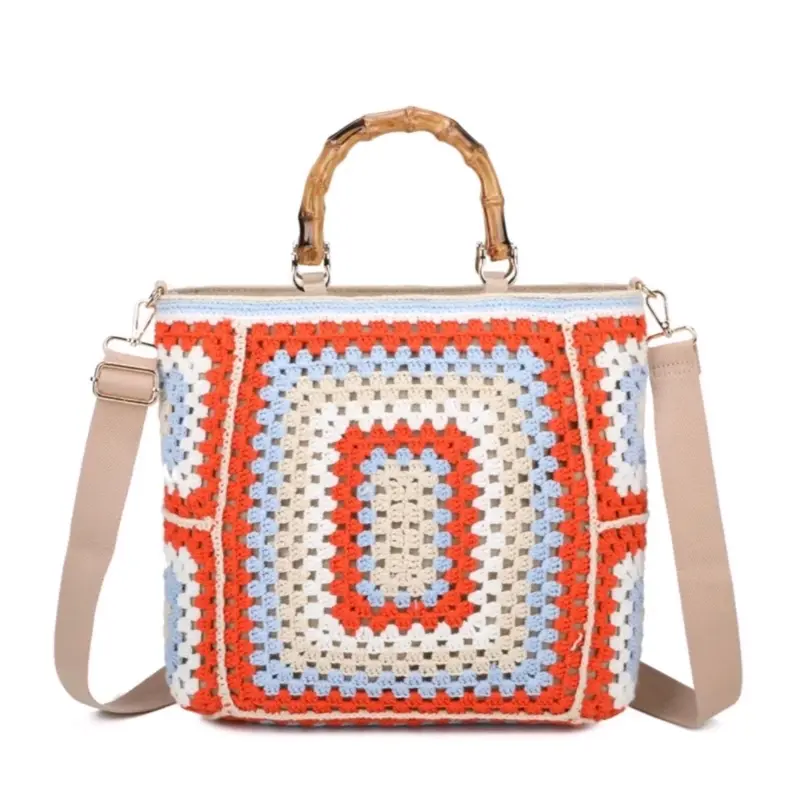 Large Crochet & Bamboo Handbag 5