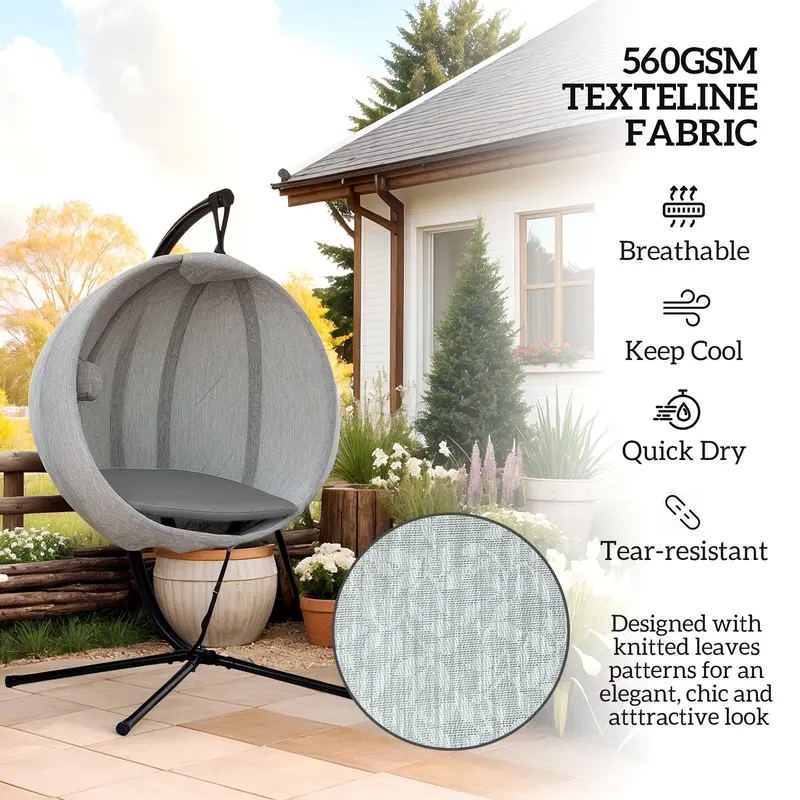 Grey Hanging Egg Chair with Stand Thick Cushion and Cup Holder for Garden or Balcony by Outsunny 4