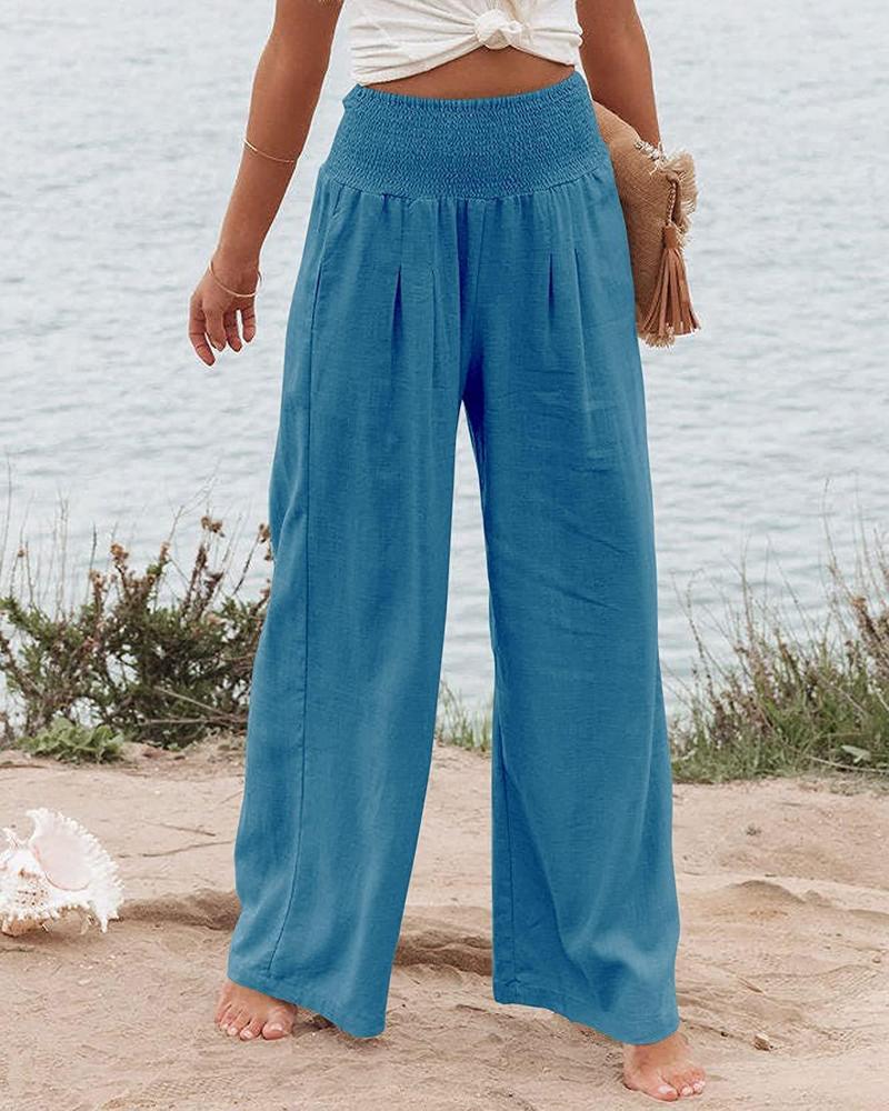 Product Introduction of Women's Plain Pocket Shirred Wide Leg Pants, Casual Elastic Waist Trousers for Beach Vacation Holiday, Ladies Bottoms for All Seasons 10