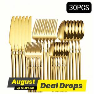 Stainless Steel Cutlery Set, 30pcs/set Including Knife, Fork, Spoon, Dessert Spoon, Dessert Fork, Gold Dinnerware Set, Perfect for Home & Restaurant Use, Tableware Set, Utensils, Dinnerware Service Set, Dinner Sets