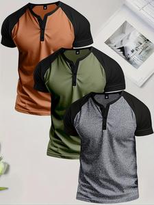 Men's Colorblock Raglan Sleeve Henley Shirt, Regular Fit Casual Shortsleeve Half Button T-shirt for Summer, Fashion Men's Streetwear Top for Daily Wear, Menswear