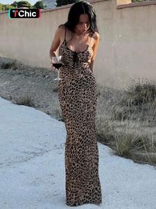 Women's Leopard Print Cut Out Tie Front Mermaid Dress, Elegant Fashion Casual Spaghetti Strap Bodycon Maxi Dress for Party Club Wear, Summer Outfits 2024, Women Dress for Summer