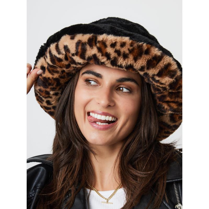 Oversized Fur Plush Bucket Winter Hat in Black and Leopard 3