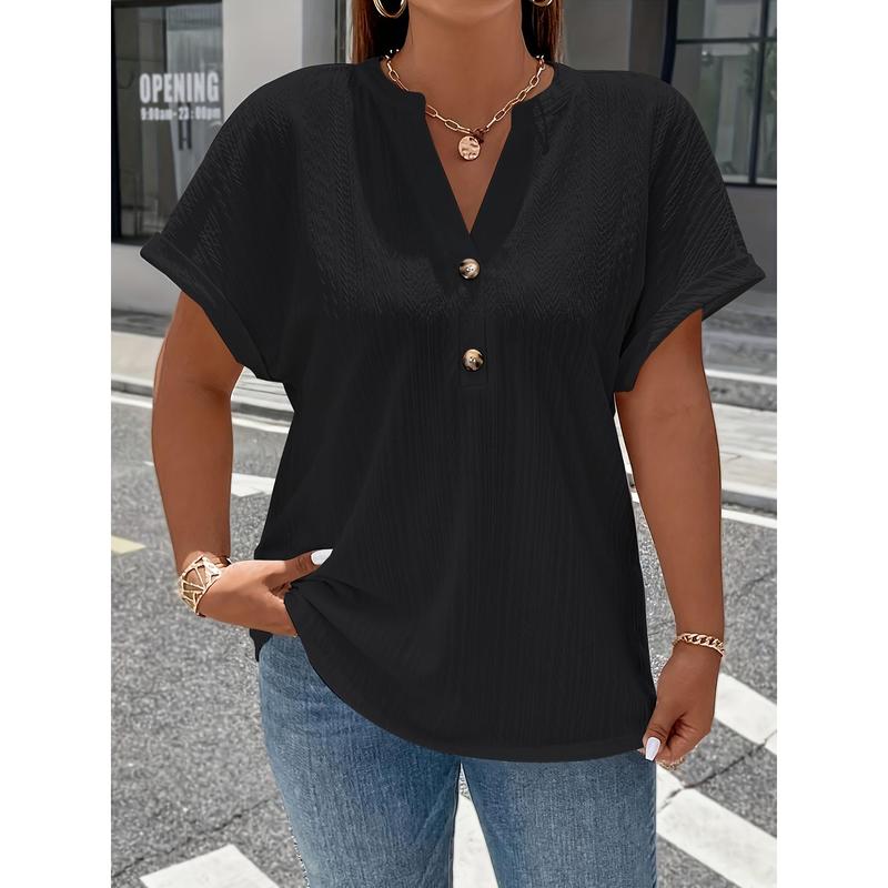 Plus Size Solid Textured T-Shirt, Casual V Neck Short Sleeve T-Shirt, Women's Plus Size Clothing 4