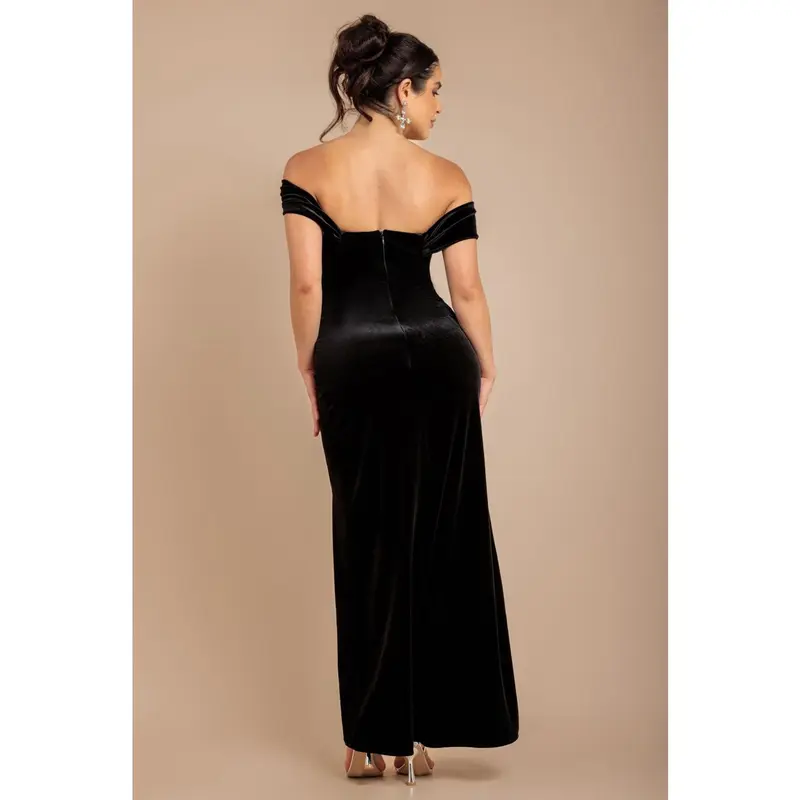 Draped Shoulder Velvet Corset Maxi Dress - Black by Goddiva 1