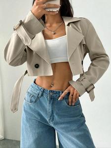 Women's Solid Color Double Button Detail Crop Jacket, Casual Long Sleeve Lapel Neckline Outerwear for Fall & Winter, Ladies Clothes for Daily Wear