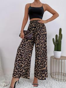 Women's Leopard Print Elastic Waist Wide Leg Pants, Casual High Waist Trousers, Ladies Bottoms for Daily Wear