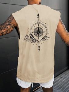Men's Letter & Compass Print Tank Top, Regular Fit Casual Sleeveless Round Neck Top for Summer, Men's Top for Outdoor Activities, Menswear, Streetwear