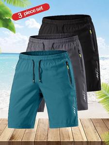 Men's Solid Color Drawstring Waist Beach Shorts, Quick Drying Pocket Zipper Shorts, Casual Breathable Shorts for Summer Beach Vacation, Athletic