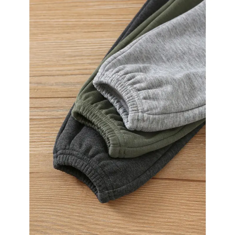 3pcs Baby Boy Casual Solid Color Thermal Lined Elastic Waist Pants, Suitable For Autumn/Winter 5